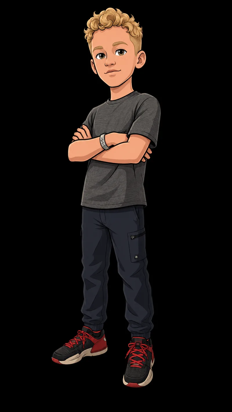 Liam's Cool Prints mascot — kid in a grey tee and red-laced sneakers
